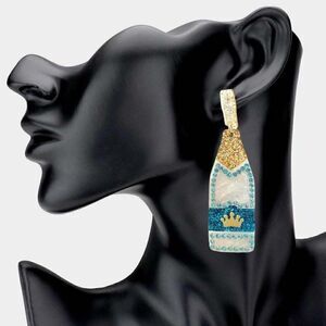 Champagne Bottle Blue Glittered Acetate Dangle Earrings
